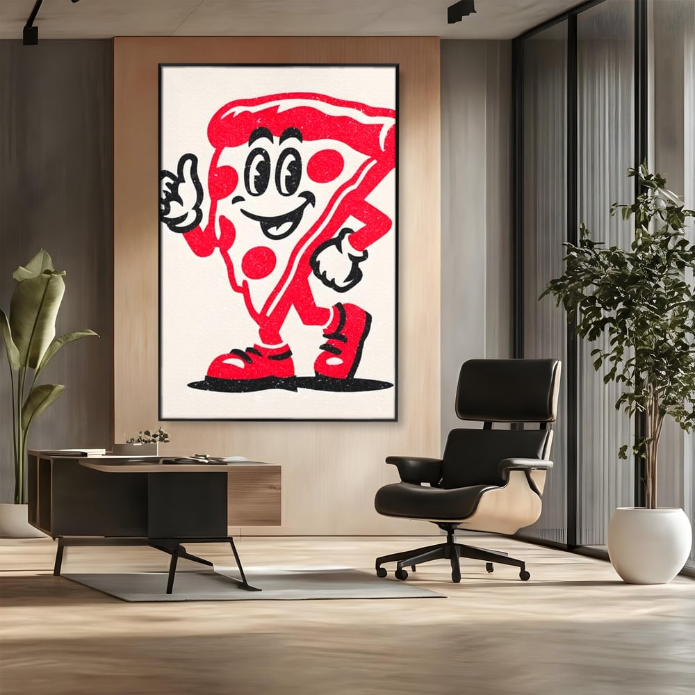 Tablou canvas cu ilustratie retro cu felie de pizza, in rama de aluminiu negru, pe perete intr-un birou